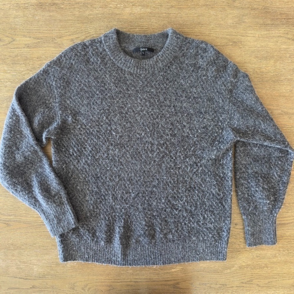 QUINCE Baby Alpaca-Wool Diamond Stitch Super Soft Crewneck Sweater-Charcoal-Sz L